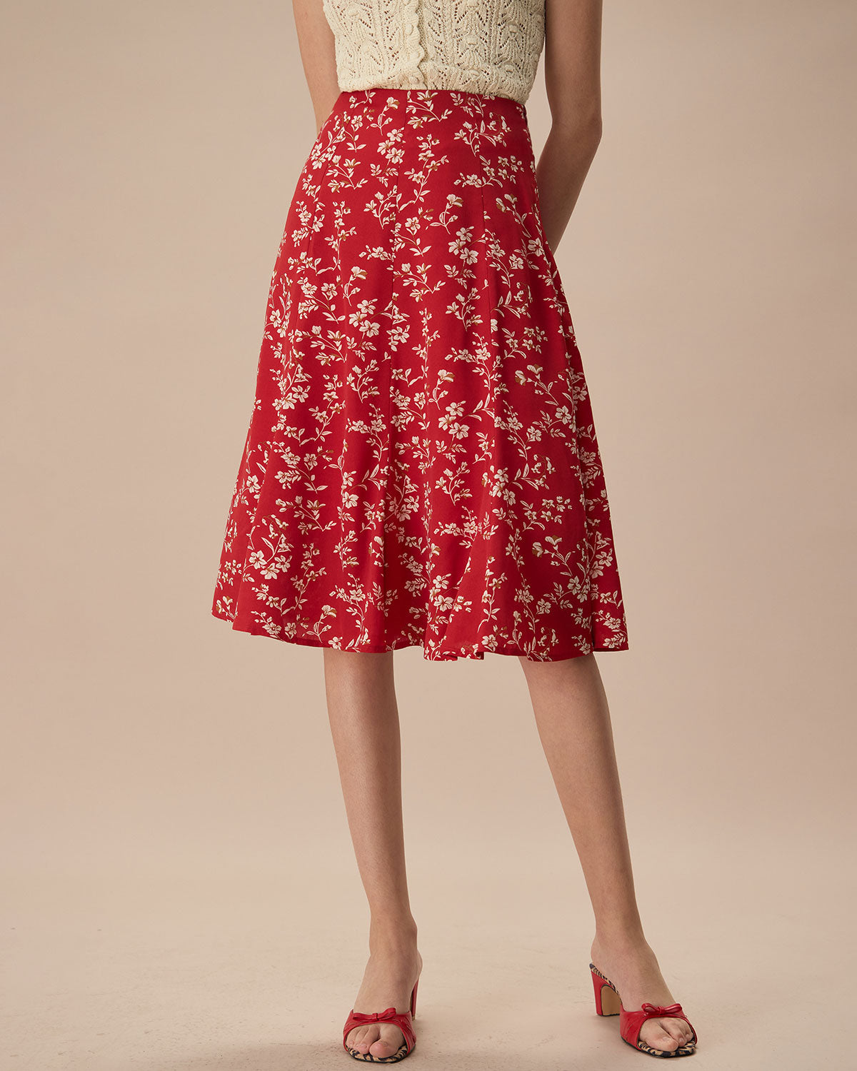 The Red High-Waisted Floral Midi Skirt Good Selling Cheap Pice