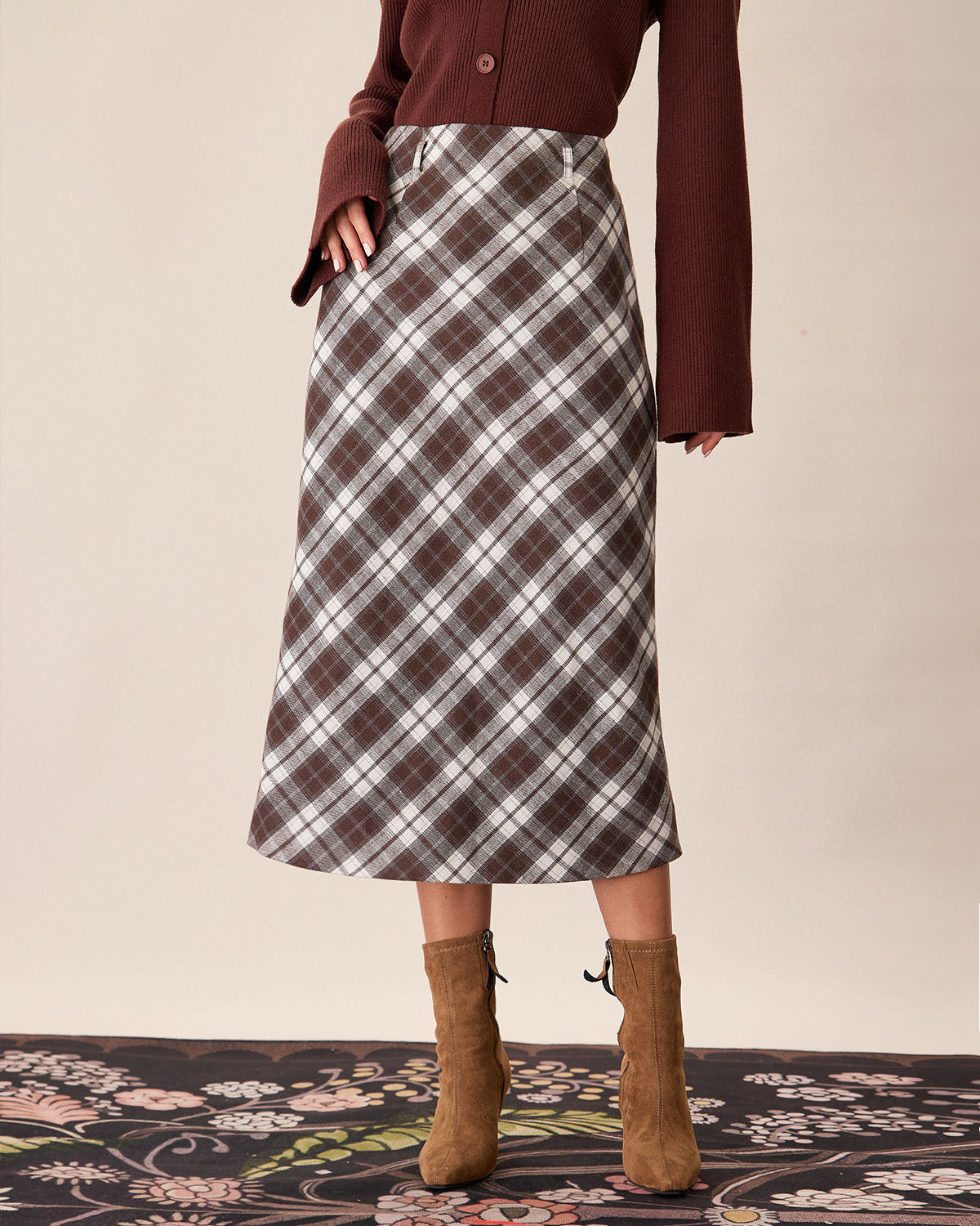 Brown Plaid Slit Satin Midi Skirt Discount Looking For