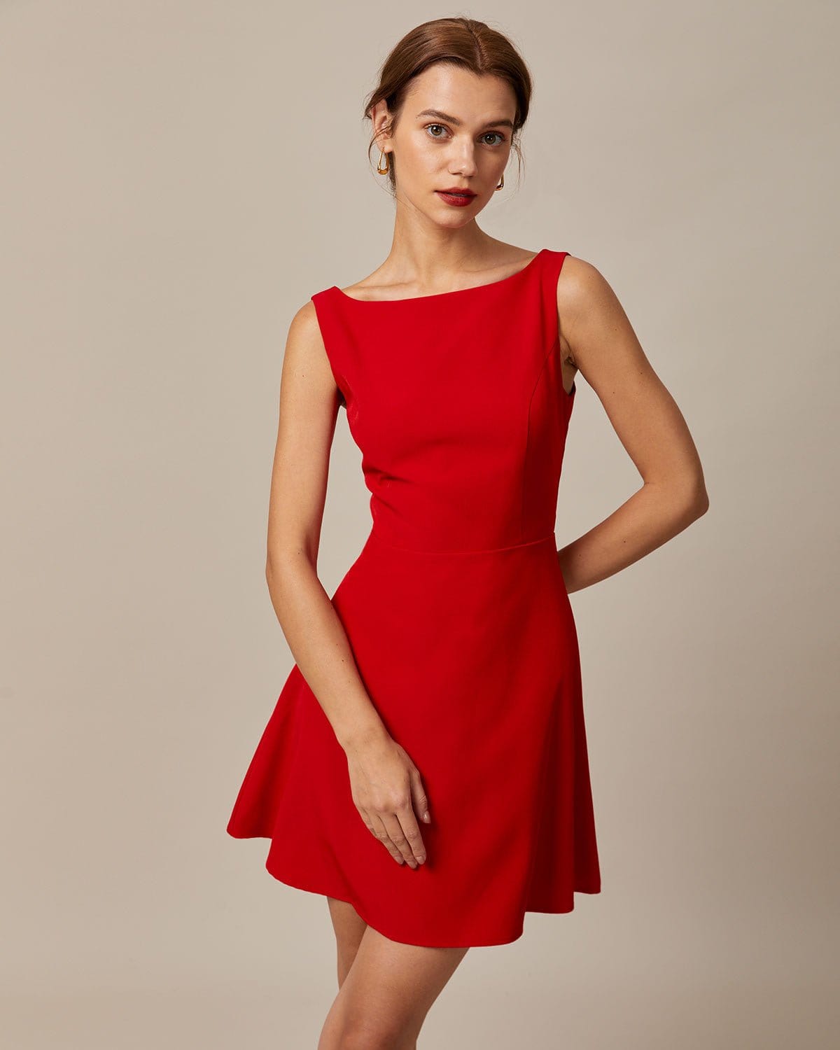 The Red Boat Neck High Waisted Mini Dress Purchase For Sale