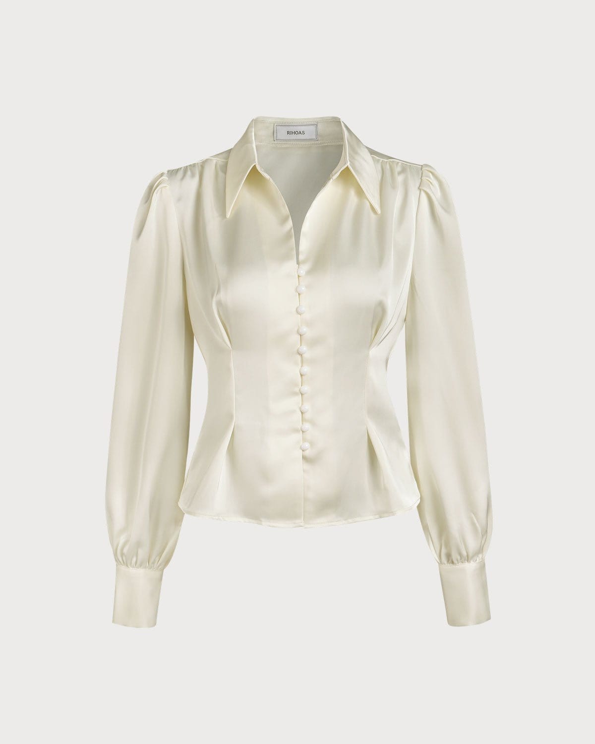 The Solid Collared Puff Sleeve Satin Blouse Clearance Pictures