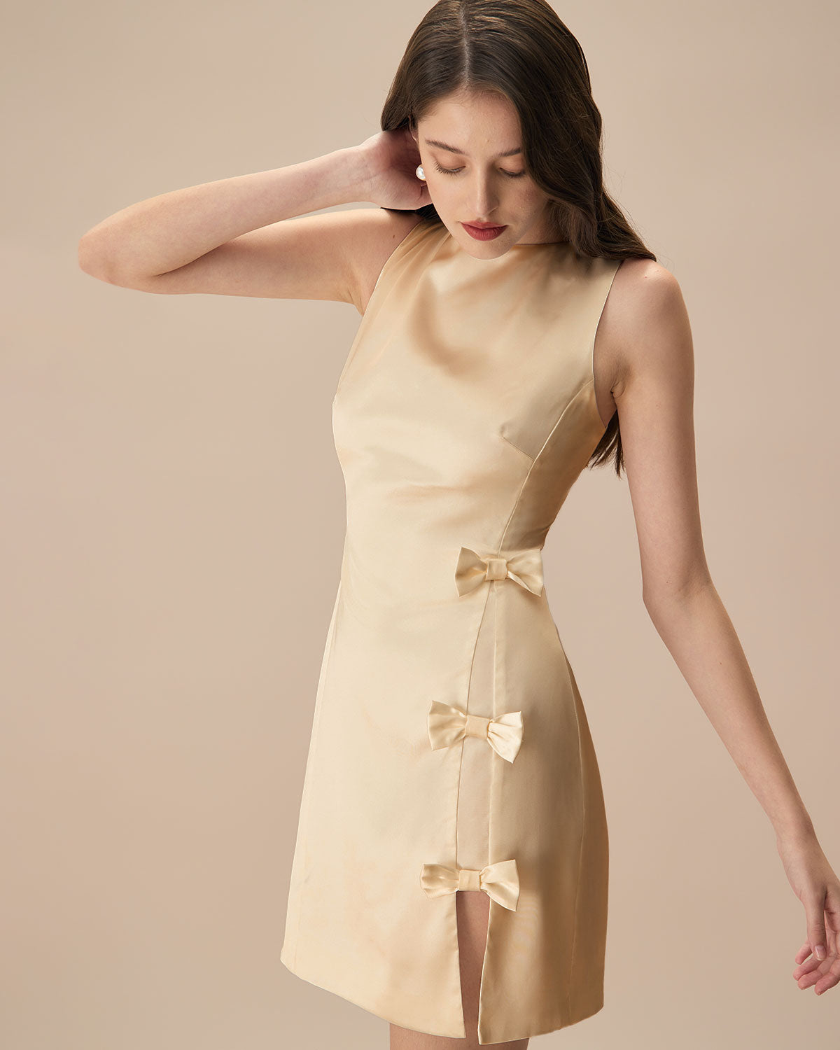 The Yellow Boat Neck Bowknot Satin Mini Dress Outlet Official Site