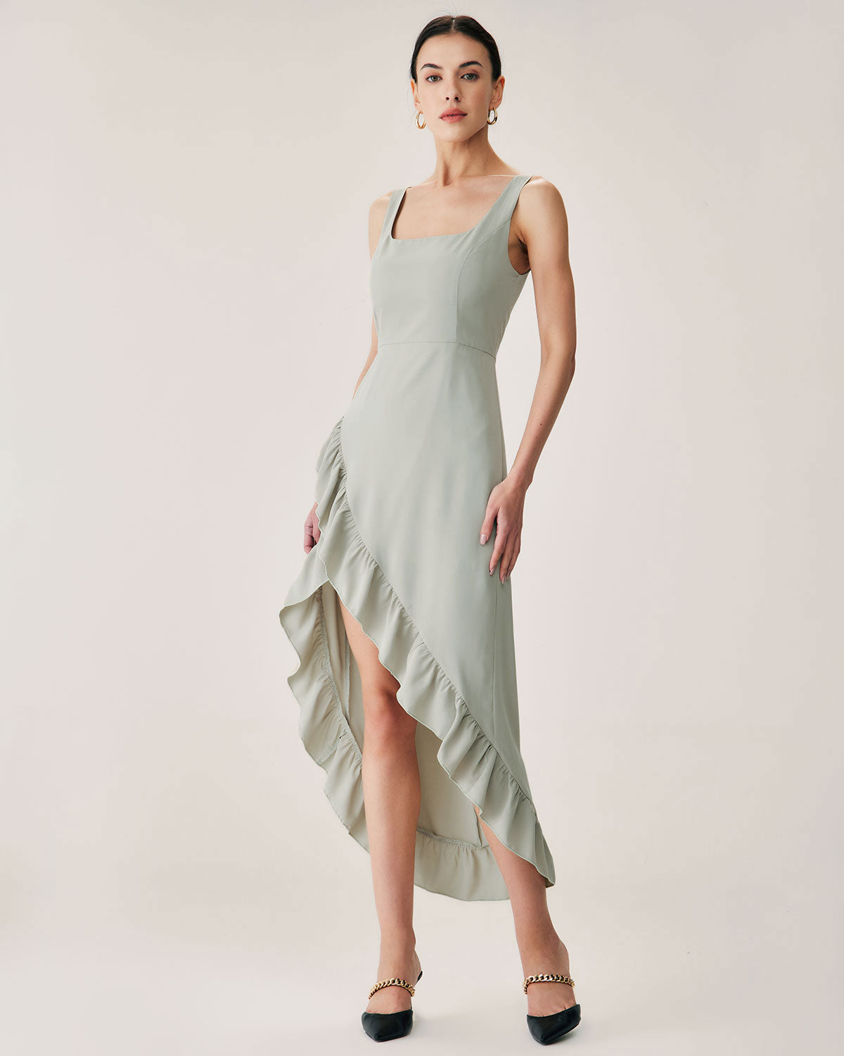 Green Ruffle Slit Slip Maxi Dress Cheap Sale Huge Surprise