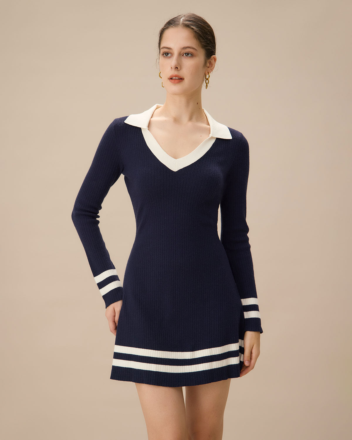 Navy Contrasting V Neck Striped Sweater Dress Cheap Sale Enjoy