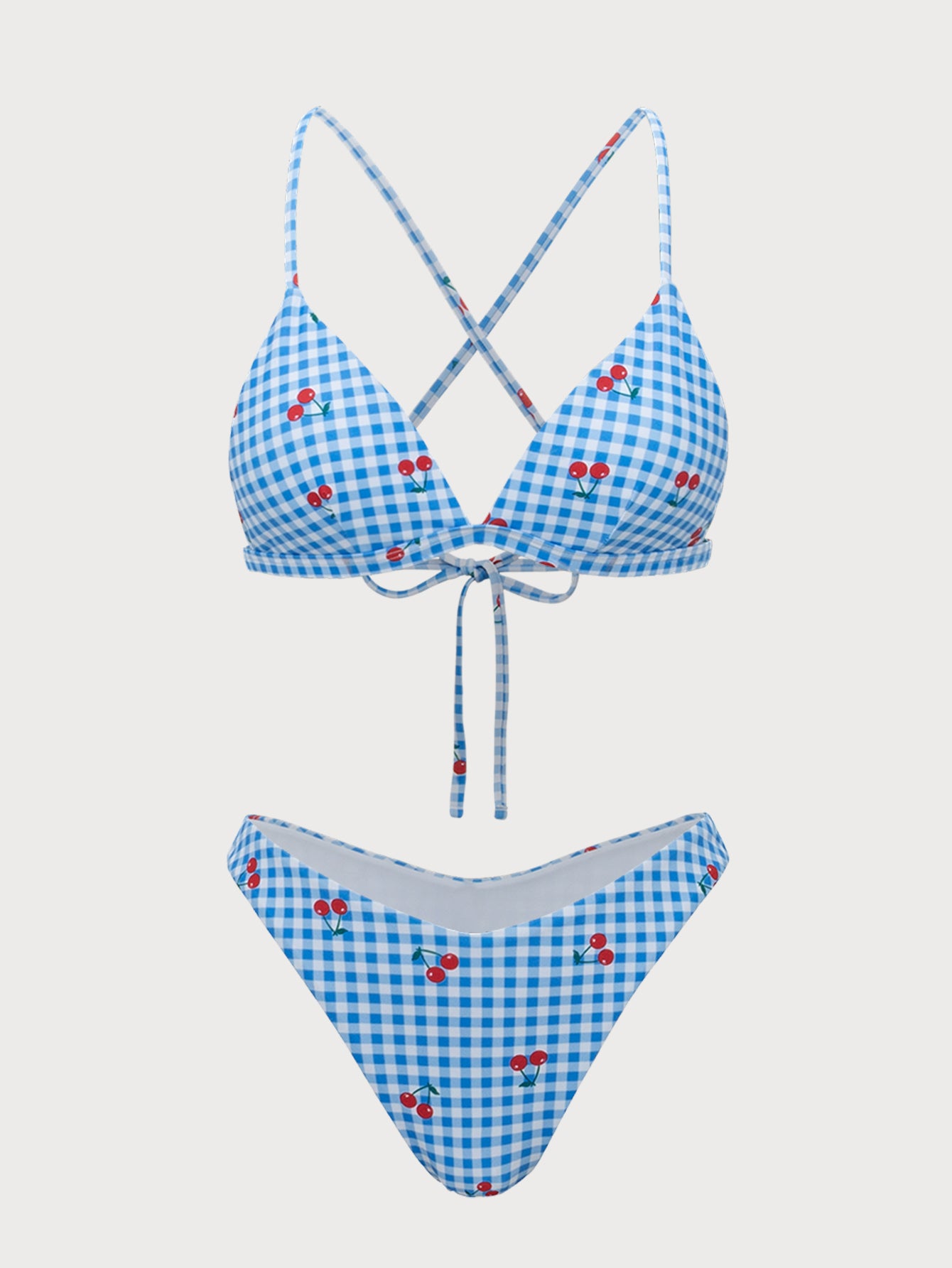 Blue Plaid Cherry Halter Bikini Set 2025 Unisex For Sale