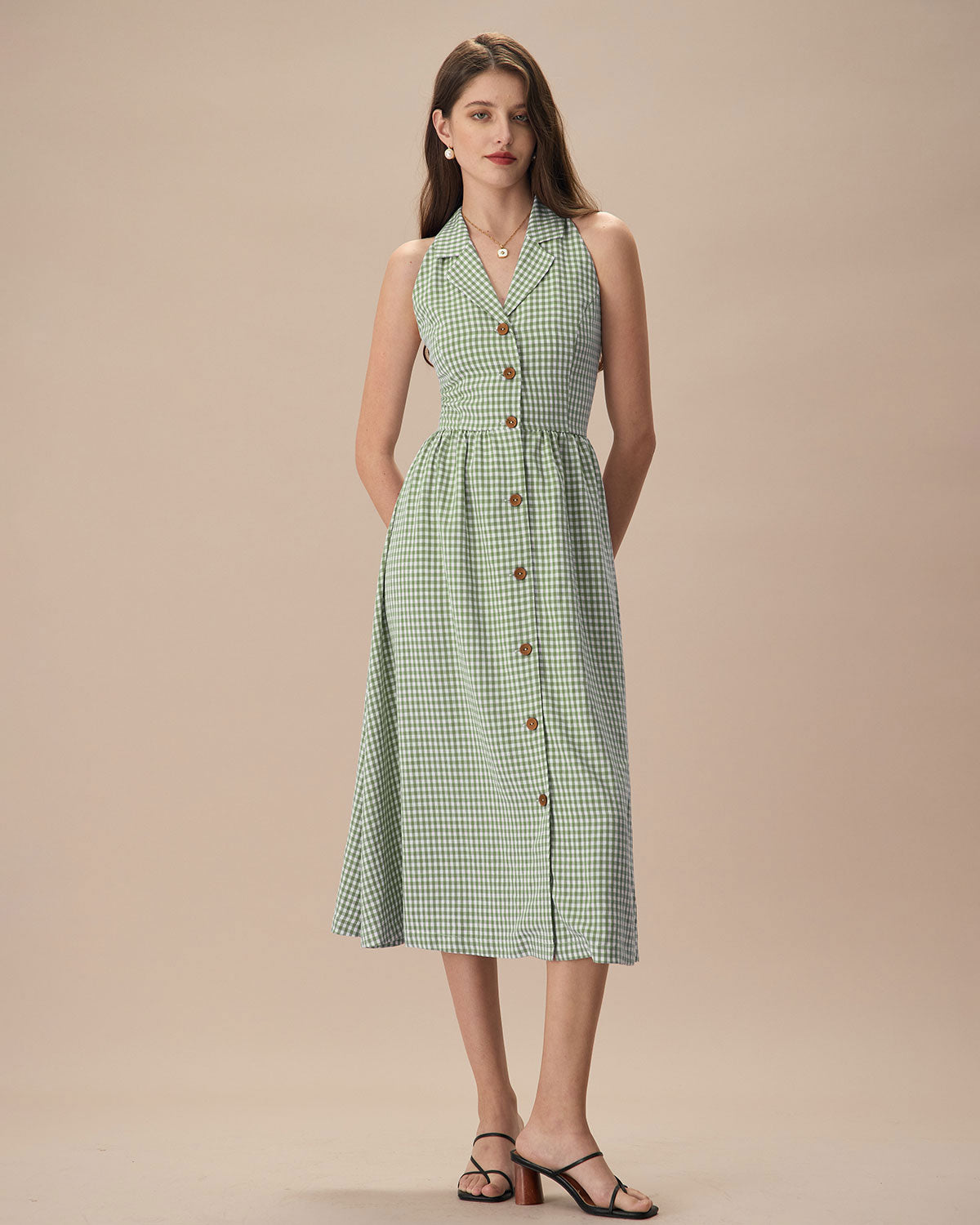 The Green Lapel Plaid Sleeveless Shirt Midi Dress View