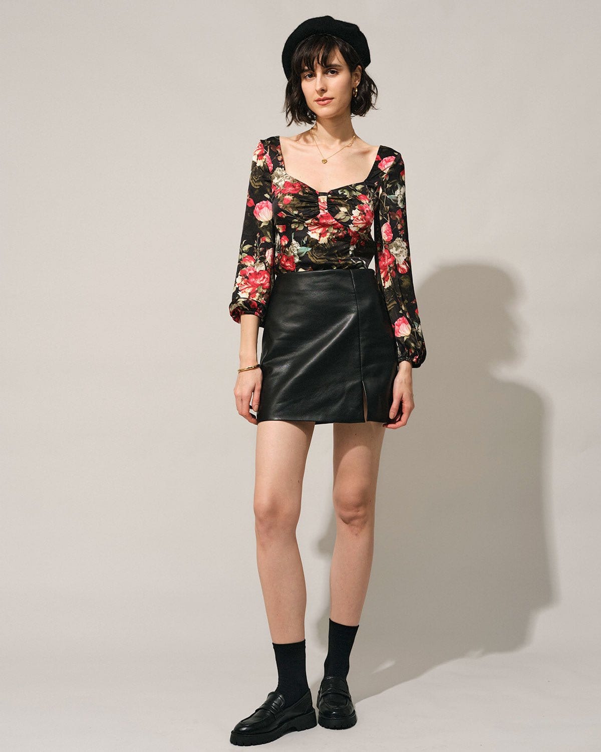 The Black Square Neck Floral Satin Blouse Best Sale For Sale