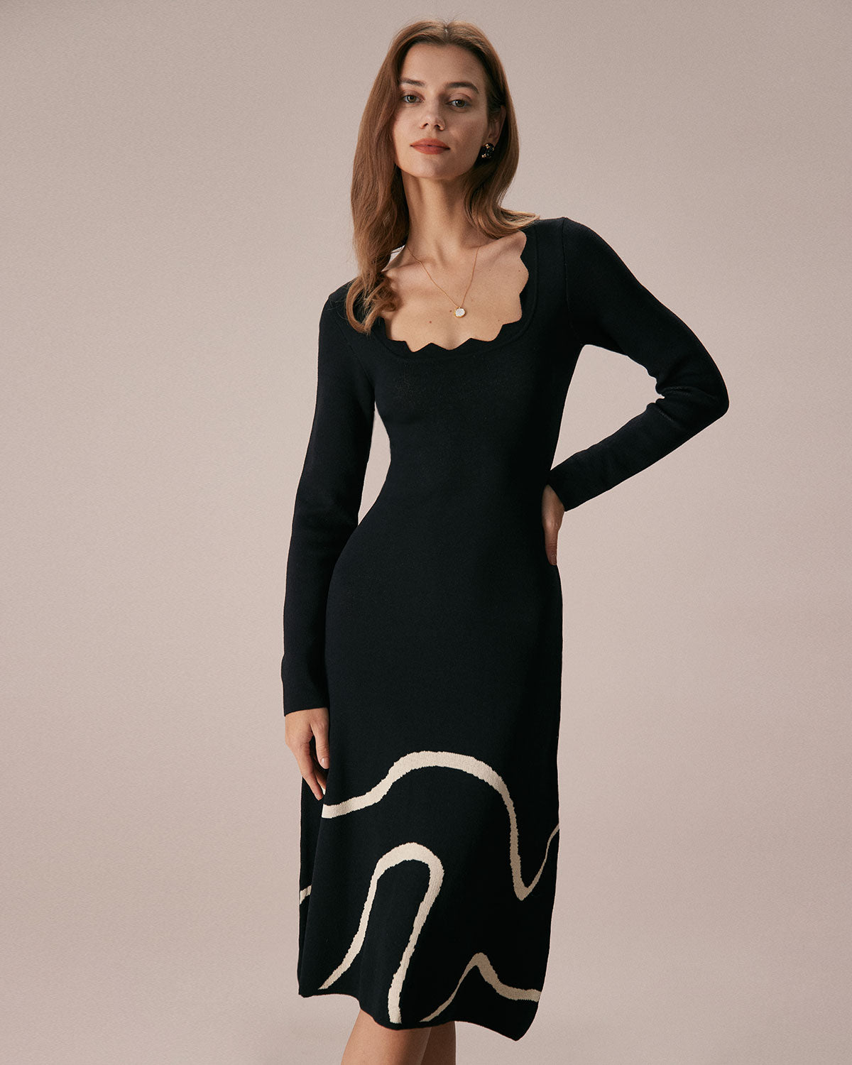 The Black Wave Scalloped Sweater Midi Dress Clearance Online