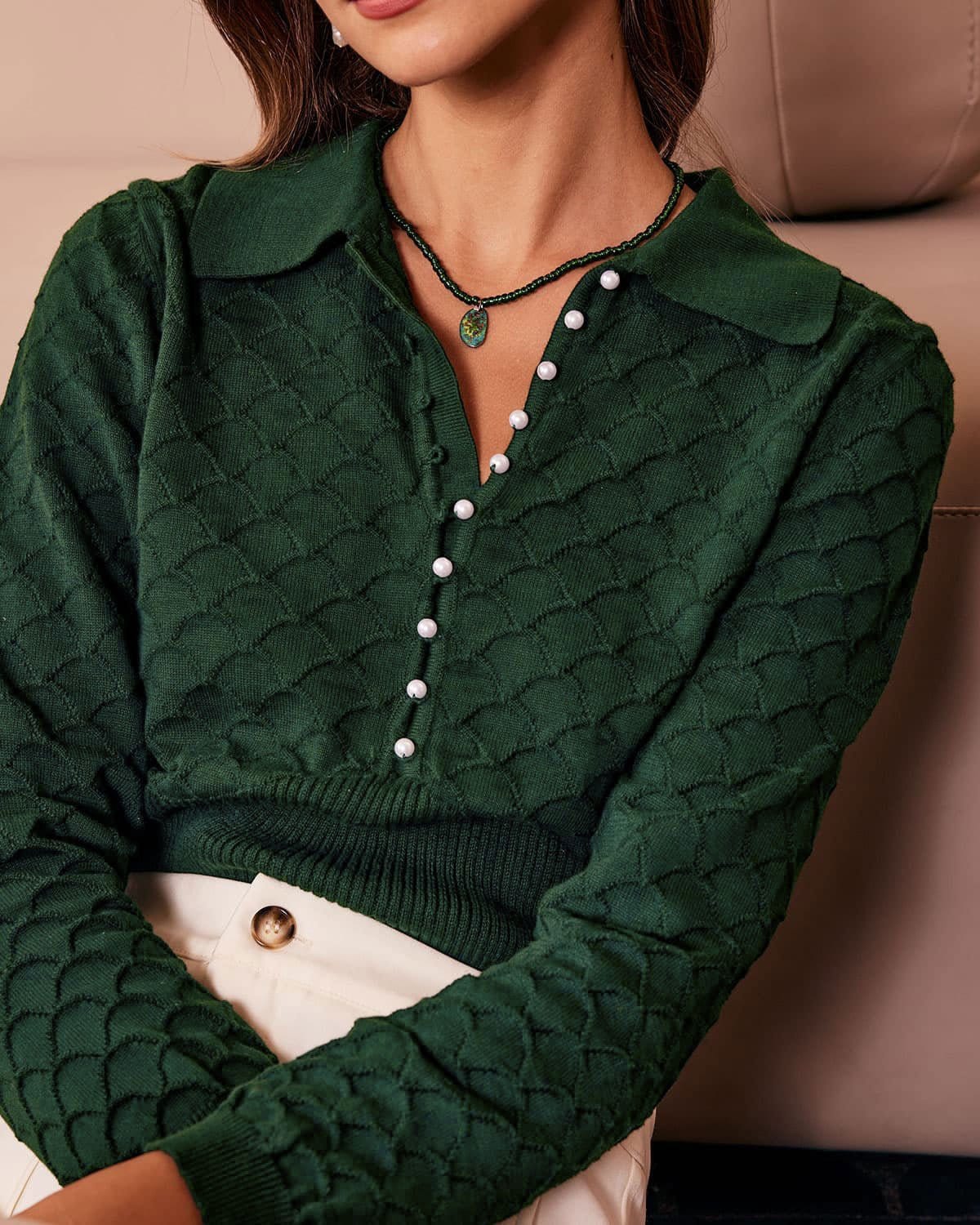 The Dark Green Lapel Ribbed Textured Knit Top Discount For Sale