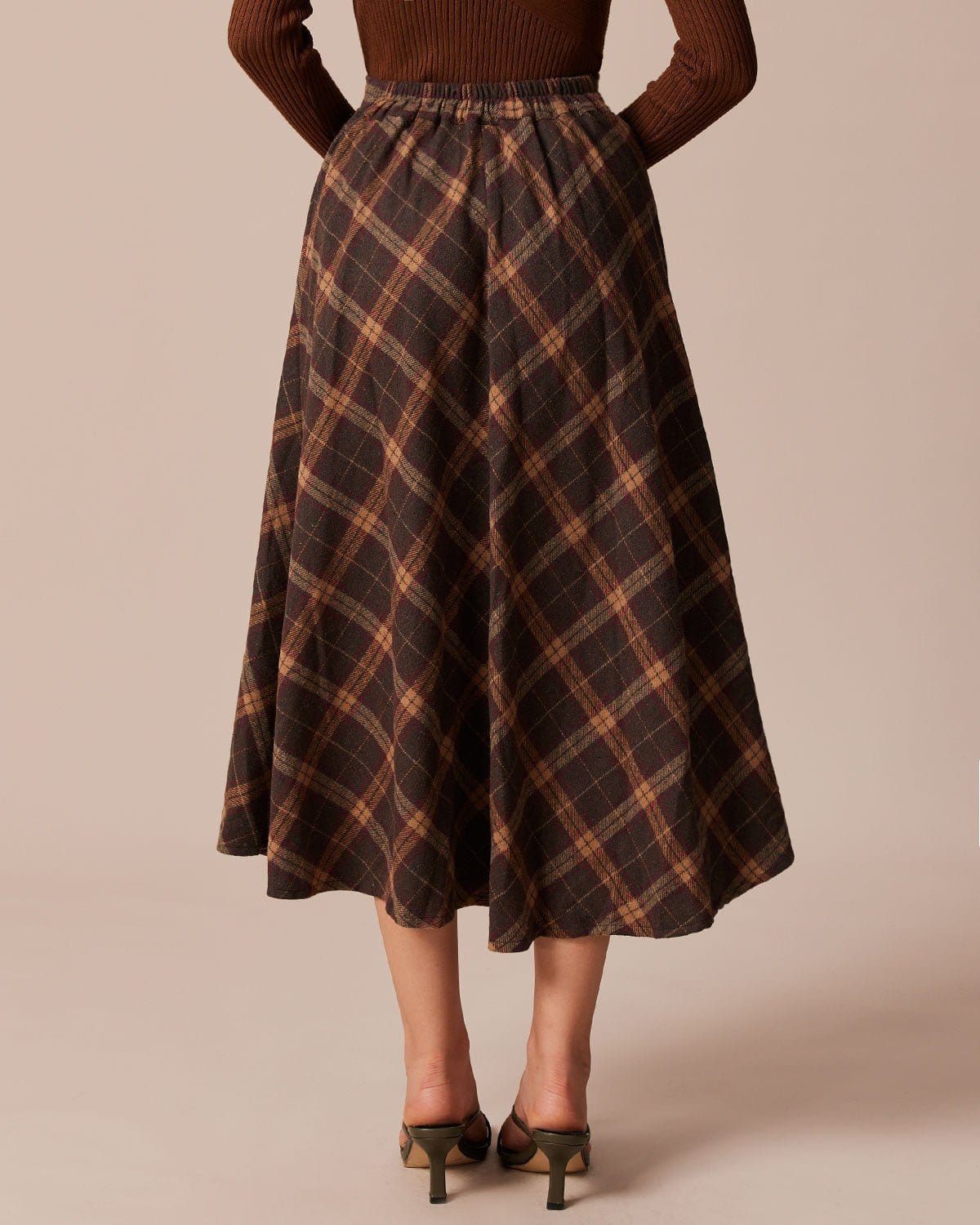The Brown Elastic Waist Plaid A-Line Midi Skirt Cheap Low Pice