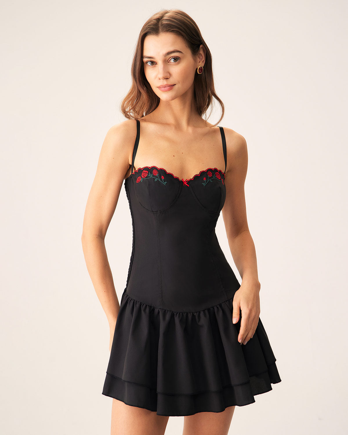 Black Embroidery A-Line Slip Mini Dress Cheap Buy