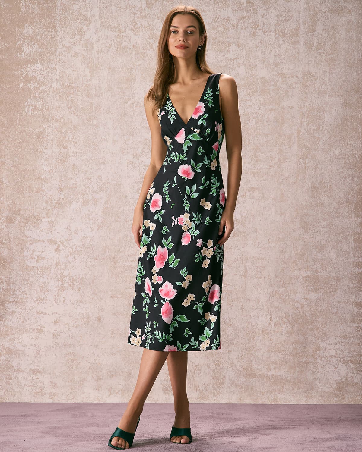 The Black V Neck Tie Back Floral Midi Dress Discount Explore