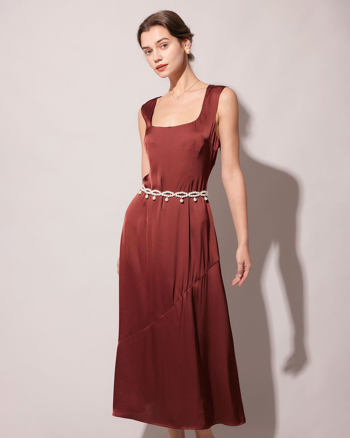 The Coffee Square Neck Sleeveless Satin Midi Dress Reliable For Sale