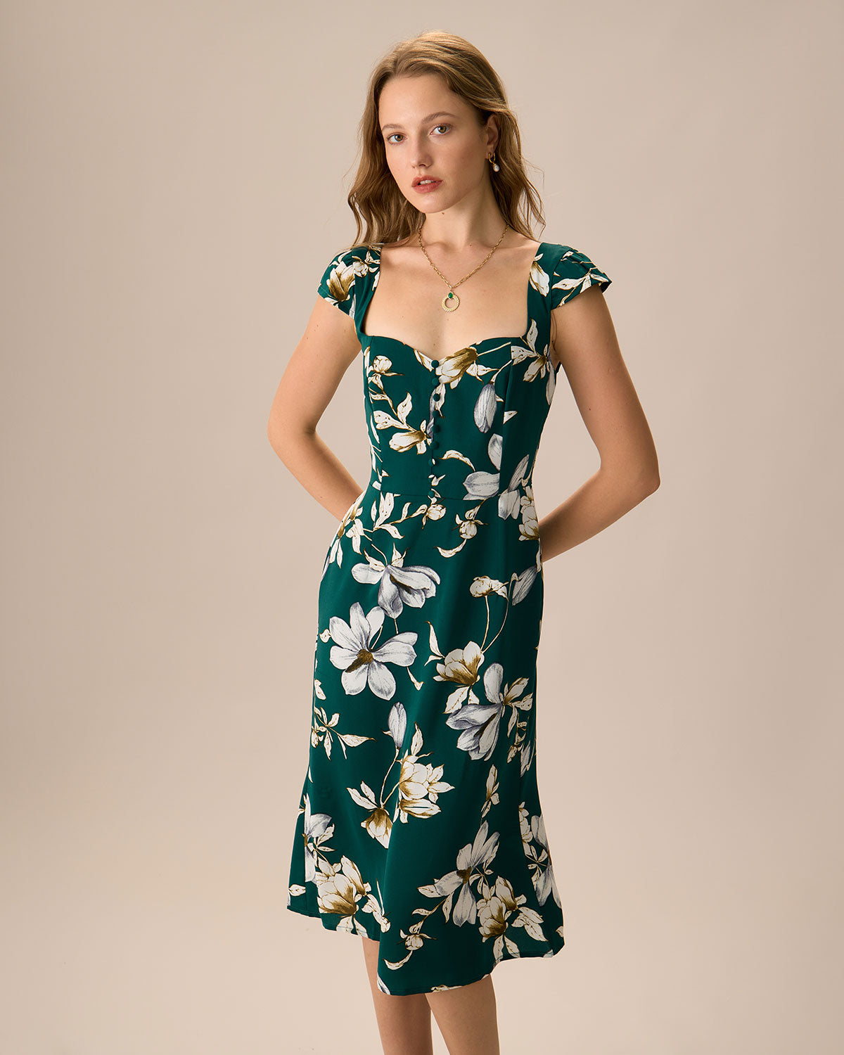 The Green Sweetheart Neck Cap Sleeve Floral Midi Dress Online Online High Quality