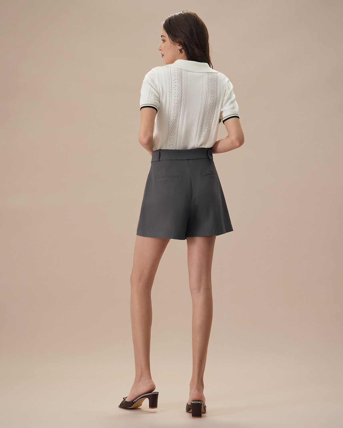 Women's Grey High-Waisted Belted Pleated Shorts