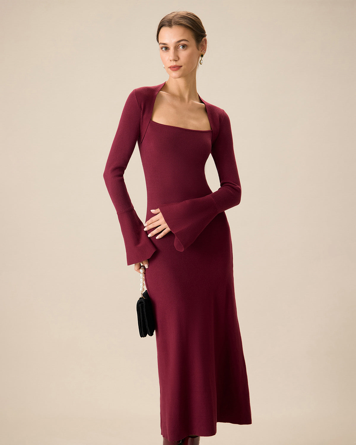 The Red Square Neck Flare Sleeve Midi Dress Outlet