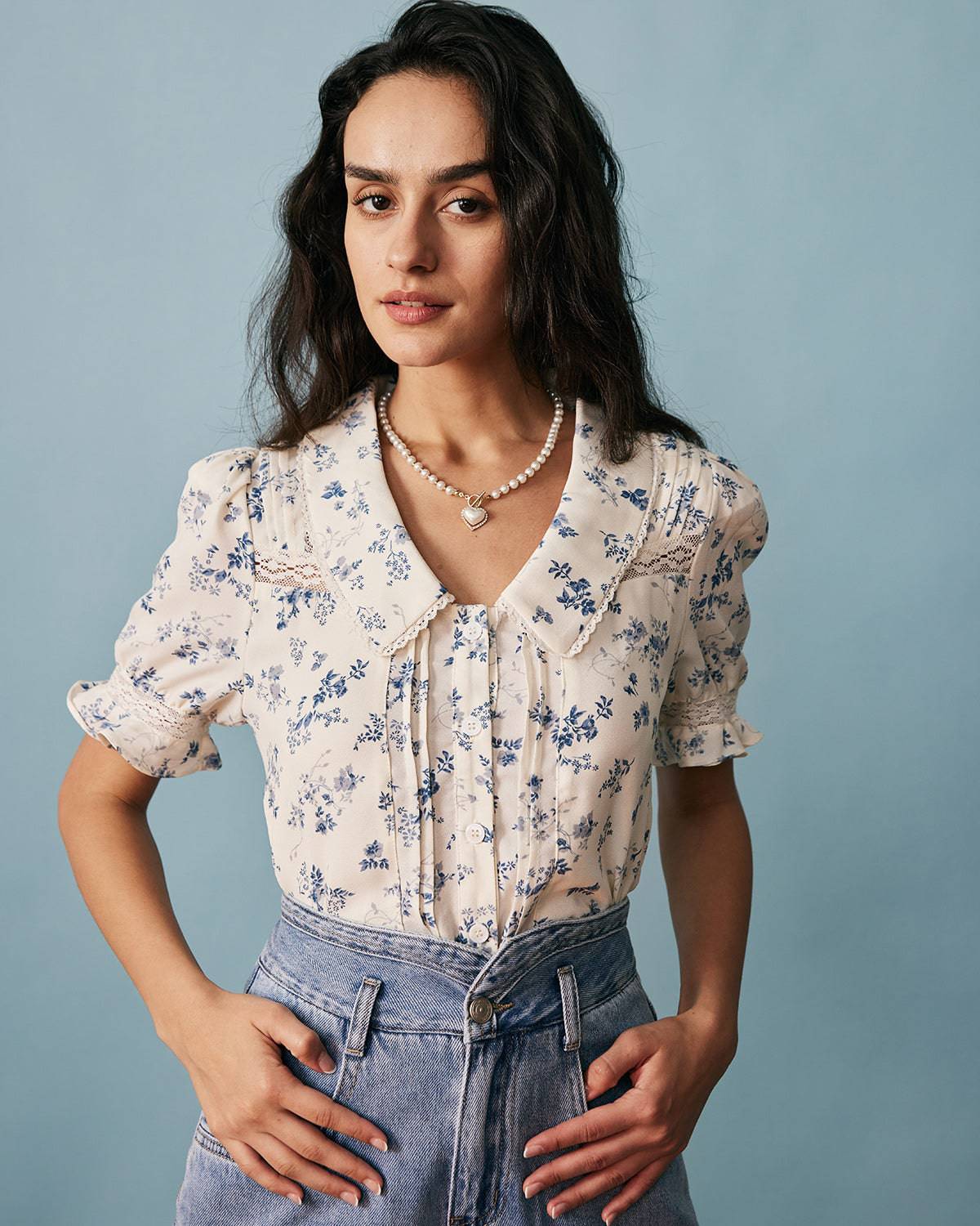 The Lace Spliced Pleated Floral Shirt Discounts