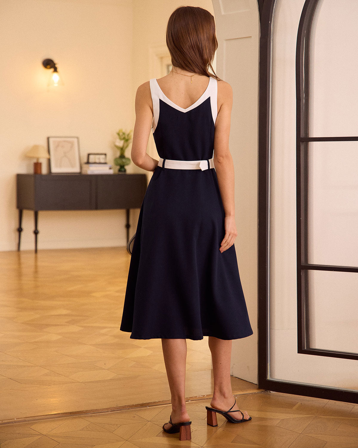 The Navy V Neck Colorblock Belted Midi Dress Free Shipping Original