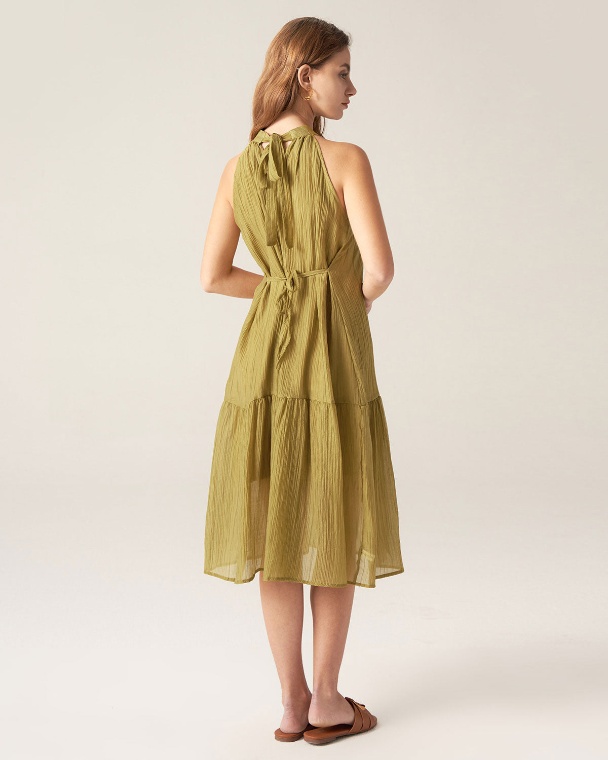 Green Ruffle Tie Neck Midi Dress Pay With Paypal For Sale