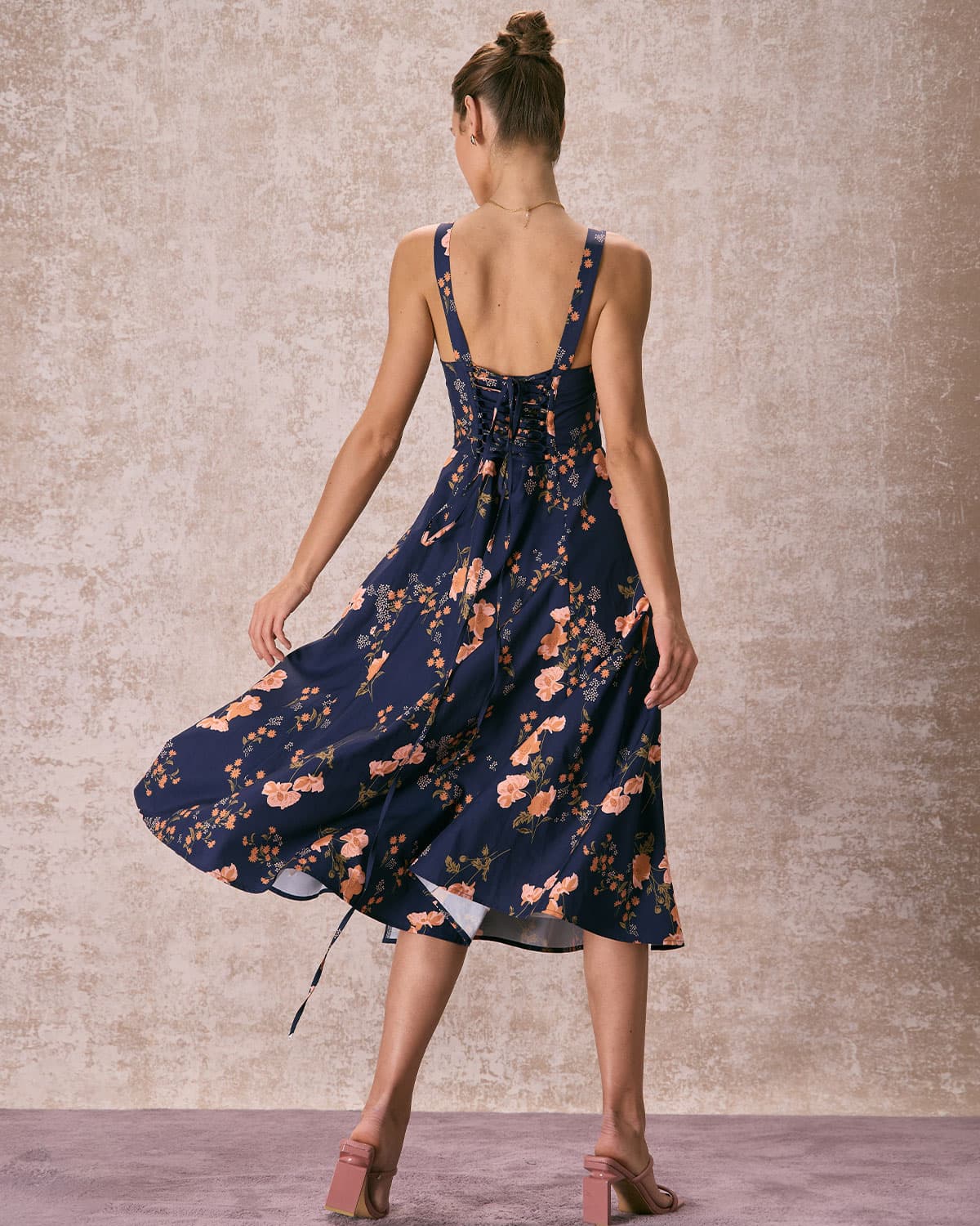 The Navy Lace Up Floral Ruched Midi Dress Discount High Quality