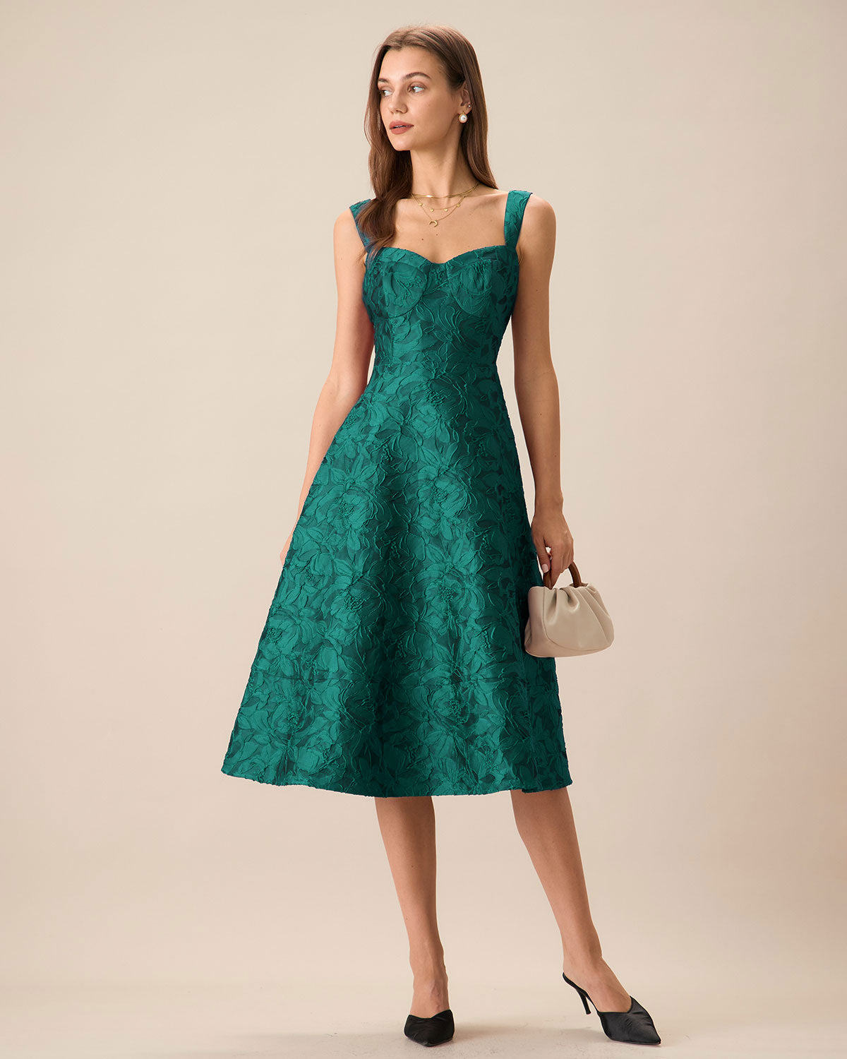 Green Sweetheart Neck Jacquard Midi Dress Classic For Sale