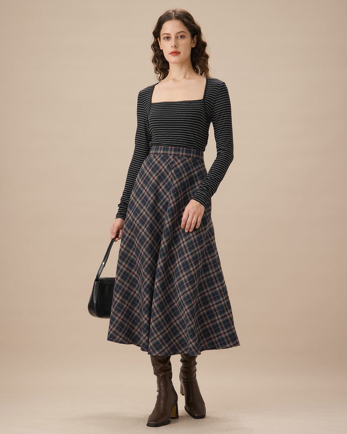 Navy Plaid Flared Midi Skirt Discount Best Pices