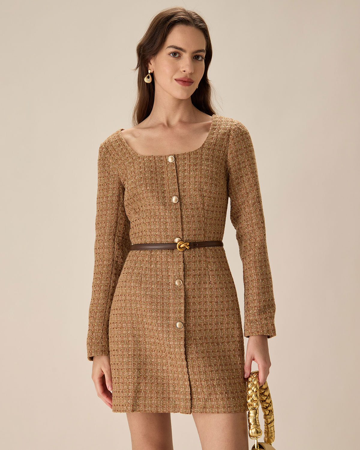 Brown U Neck Button-Up Tweed Mini Dress Outlet