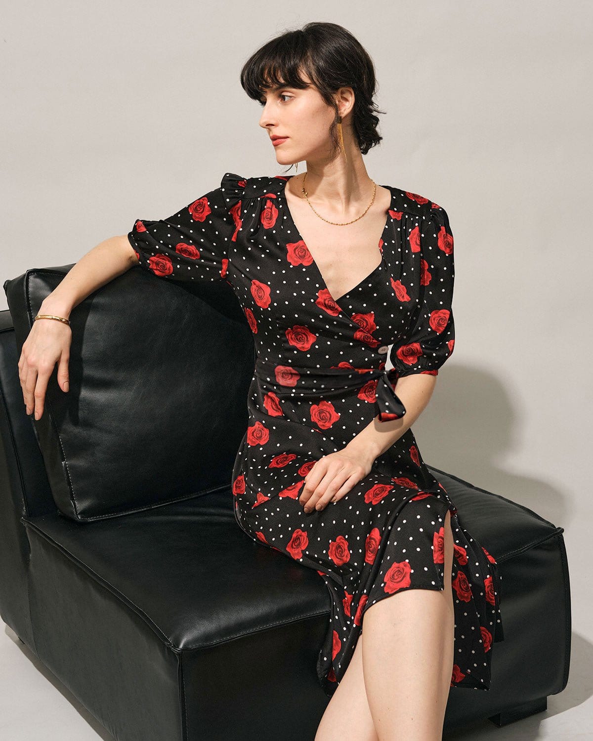 The V Neck Puff Sleeve Floral Wrap Midi Dress Discount Cost