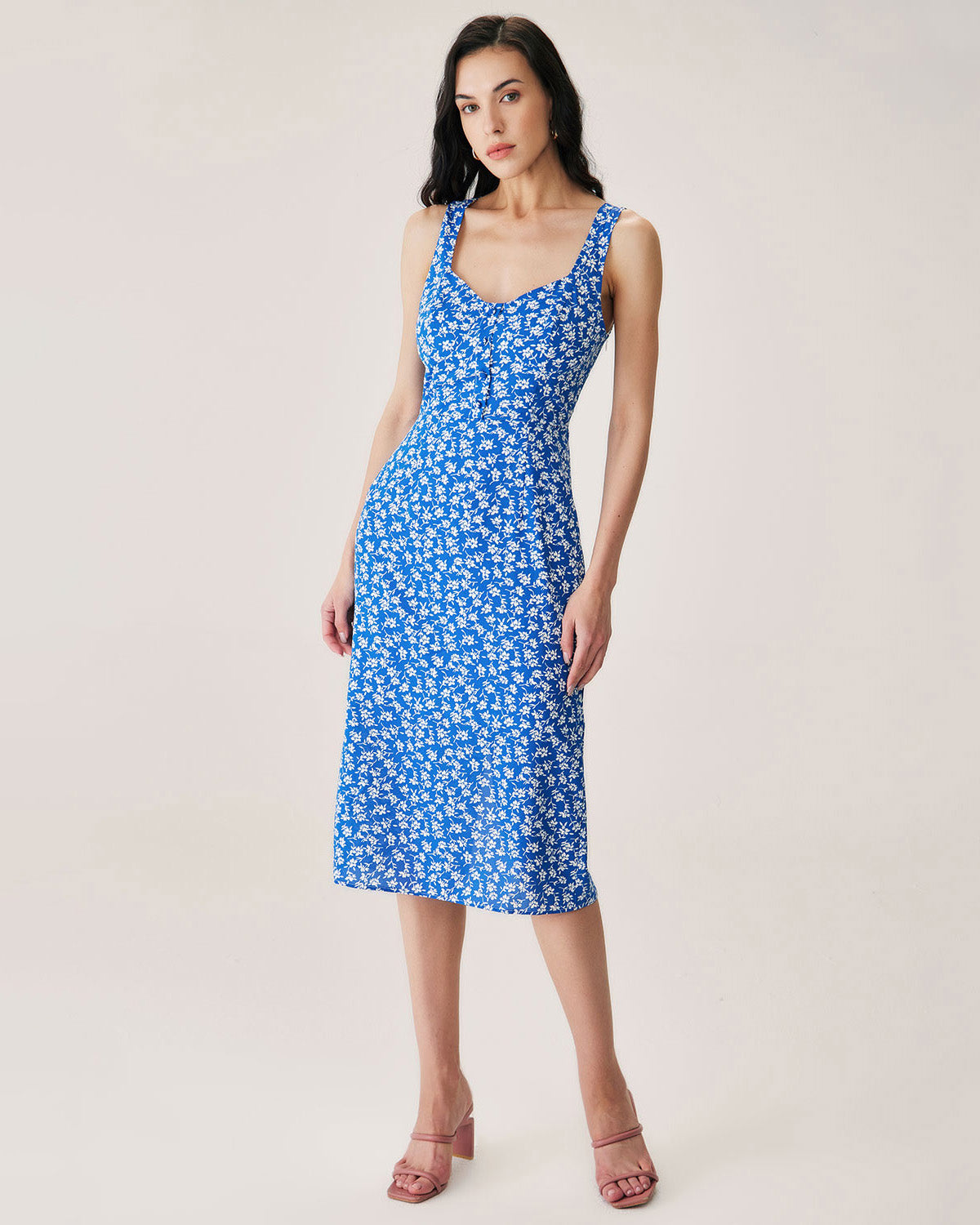 Blue Floral Slit Slip Midi Dress Outlet Huge Surprise