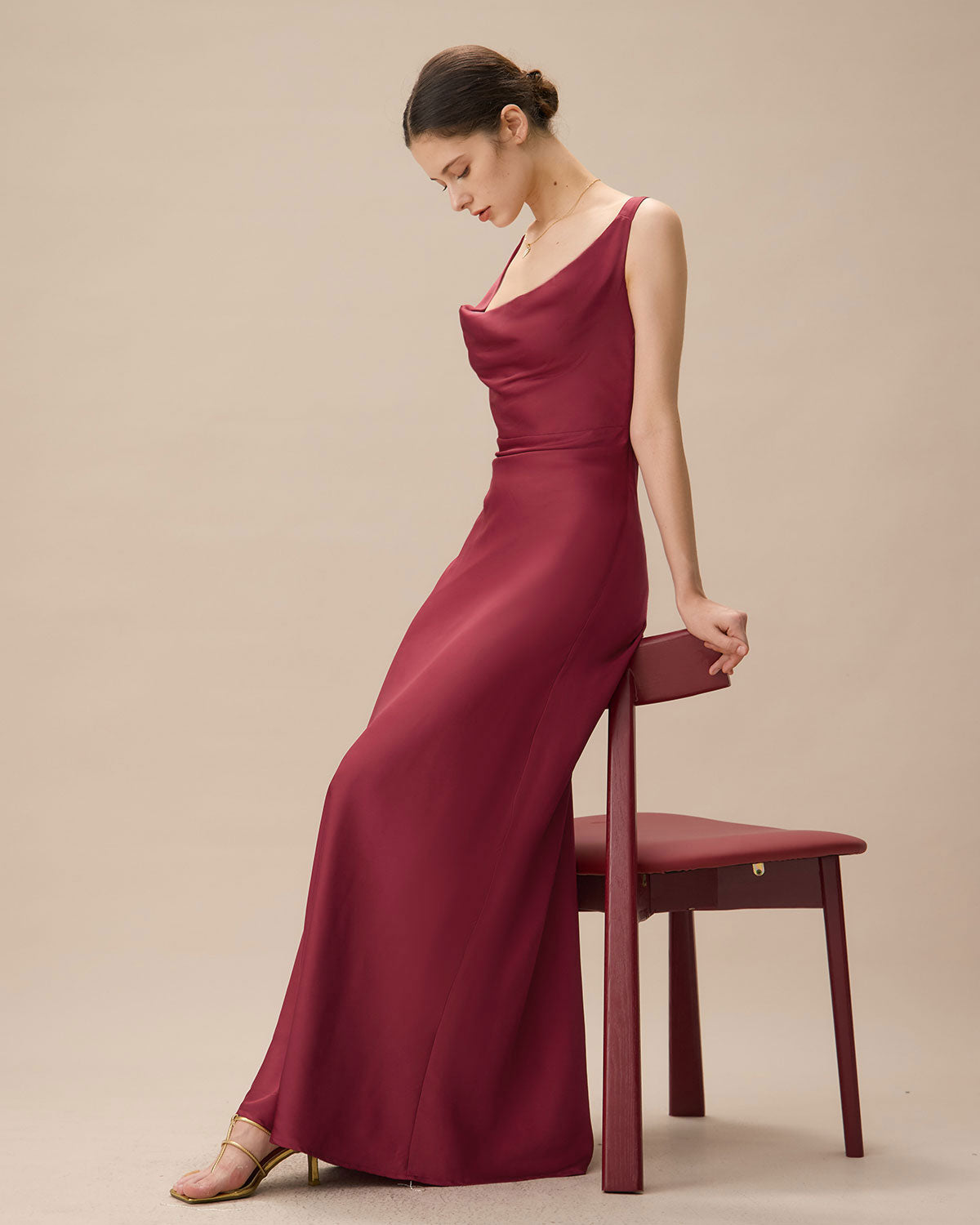 Red Cowl Neck Sheath Satin Maxi Dress Discount Sast