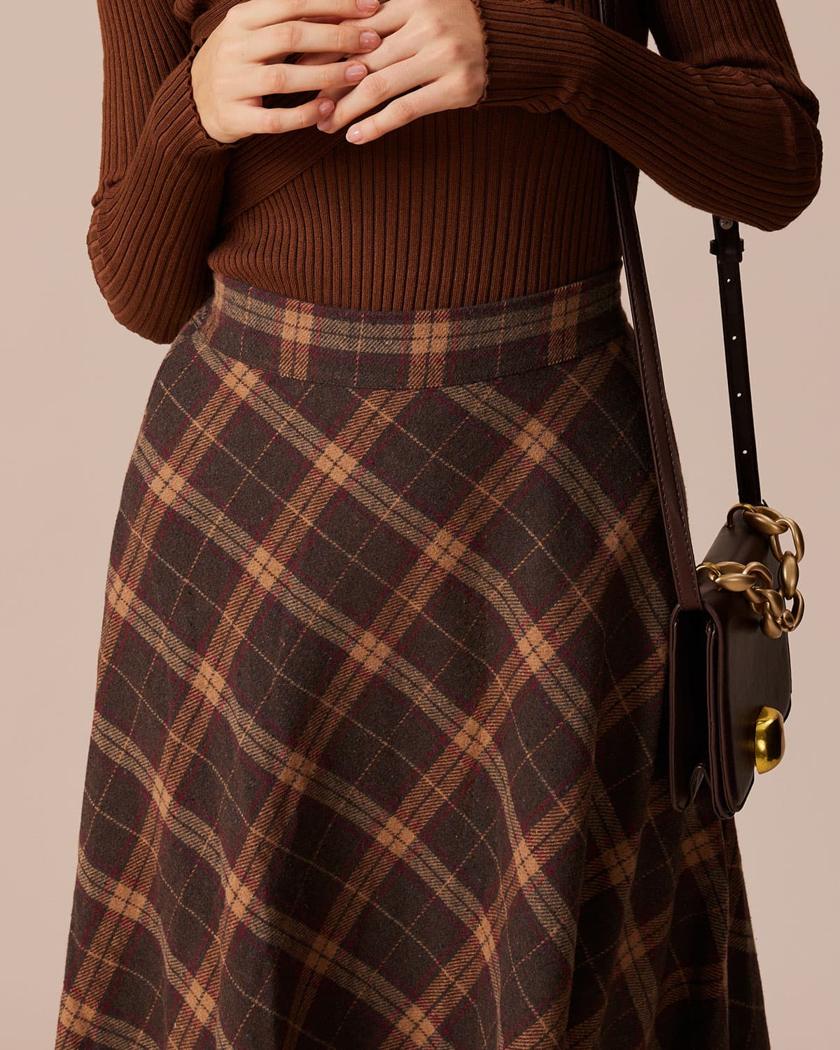 The Brown Elastic Waist Plaid A-Line Midi Skirt Cheap Low Pice