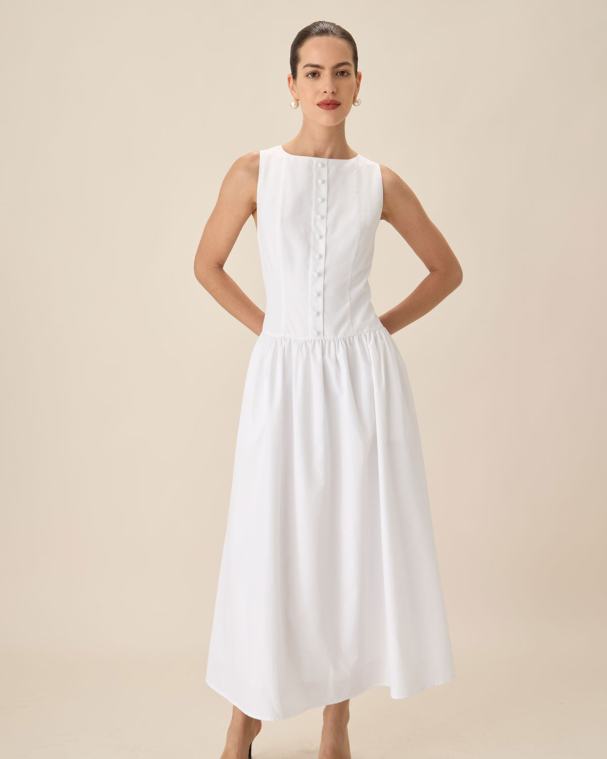 White Round Neck Pocket Maxi Dress Clearance Perfect