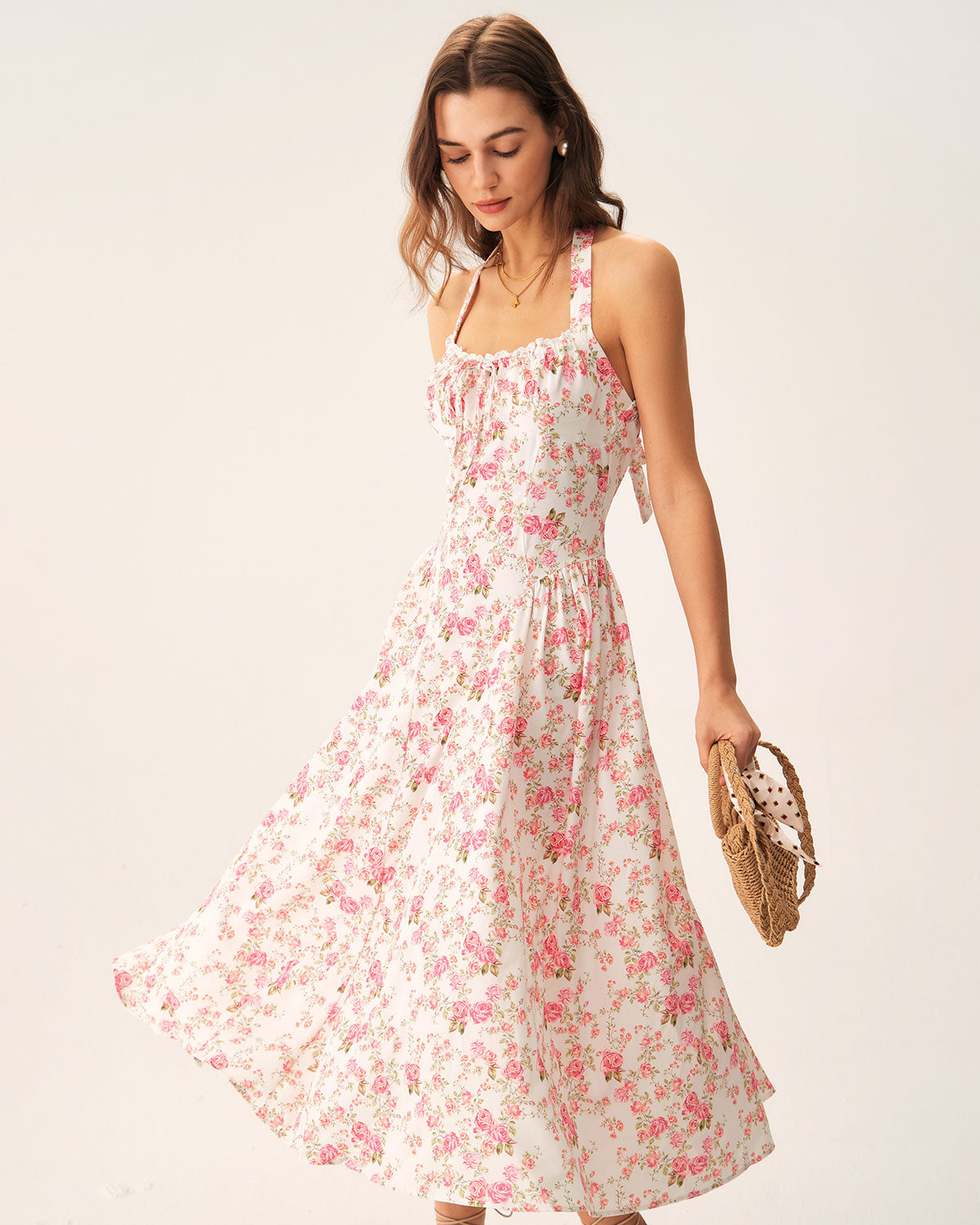 Pink Floral Halter Midi Dress For Sale For Sale