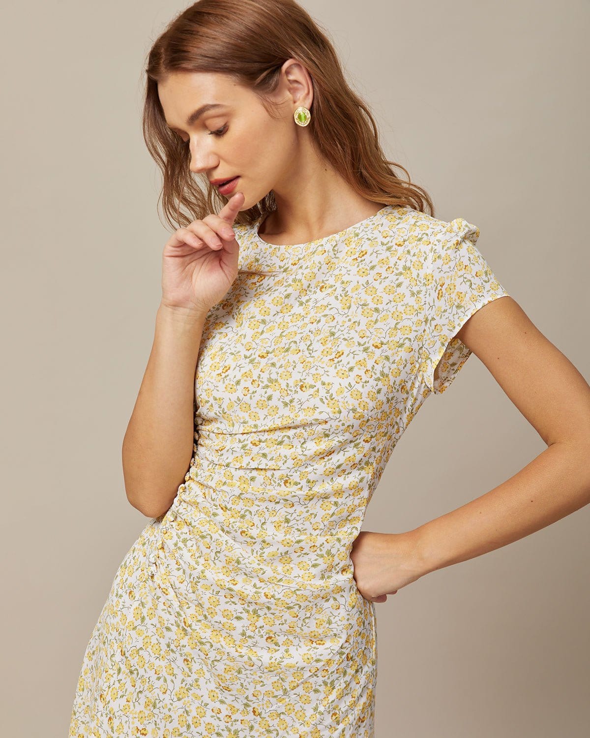 The Yellow Round Neck Floral Midi Dress Free Shipping Pices