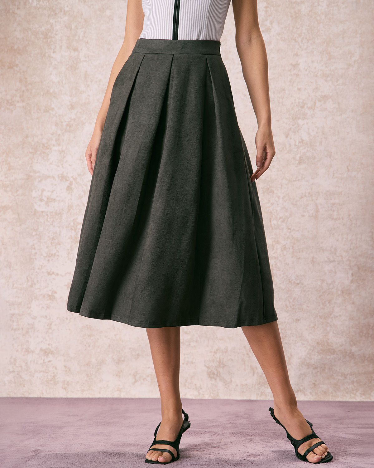 The Green High Waisted A Line Pleated Midi Skirt Free Shipping Deals