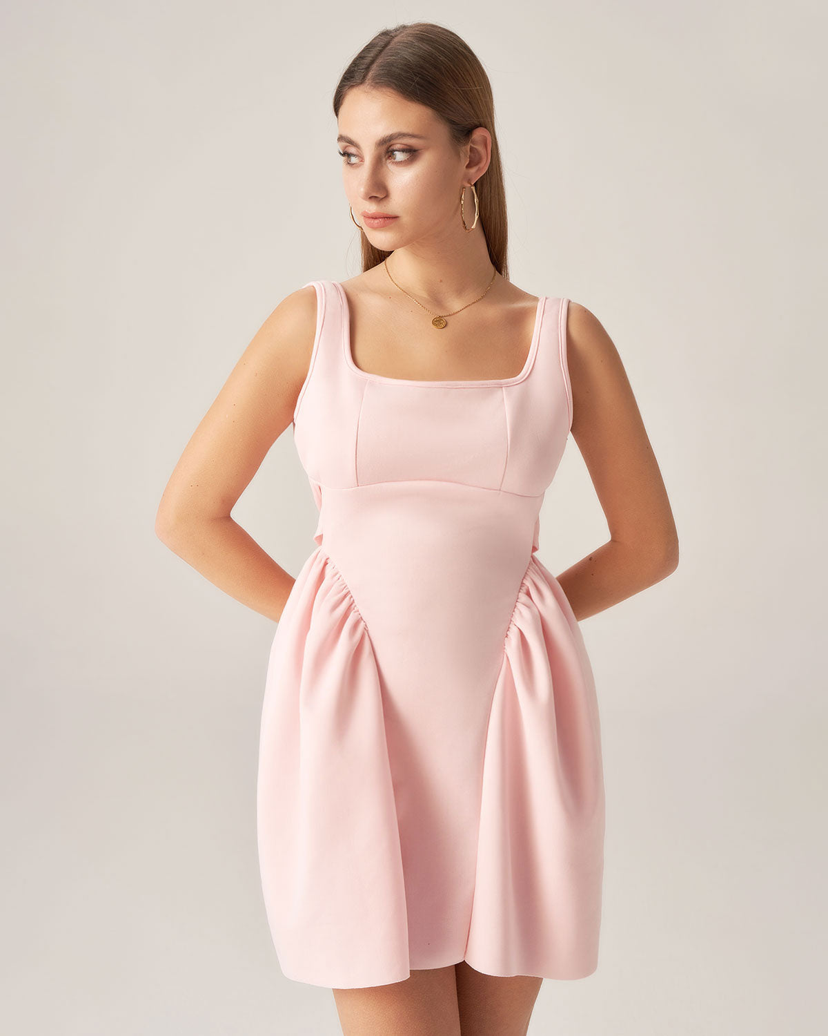 Bettydress Pink Square Neck Bowknot Mini Dress Outlet Factory Outlet