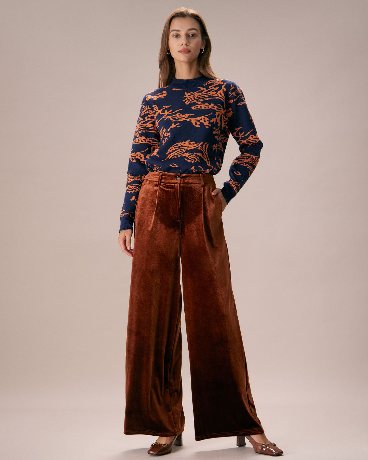 The Brown High Waisted Velvet Wide Leg Pants Classic For Sale