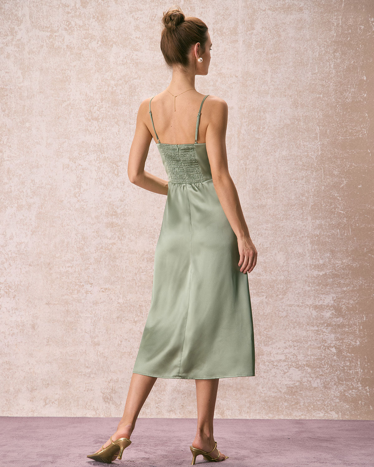 The Green Square Neck Satin Slip Midi Dress For Nice Cheap Online