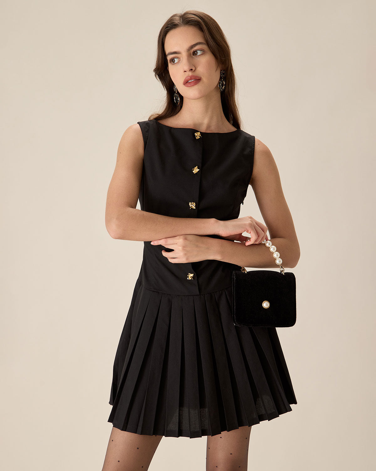 Black Boat Neck Pleated Mini Dress Sale Cost