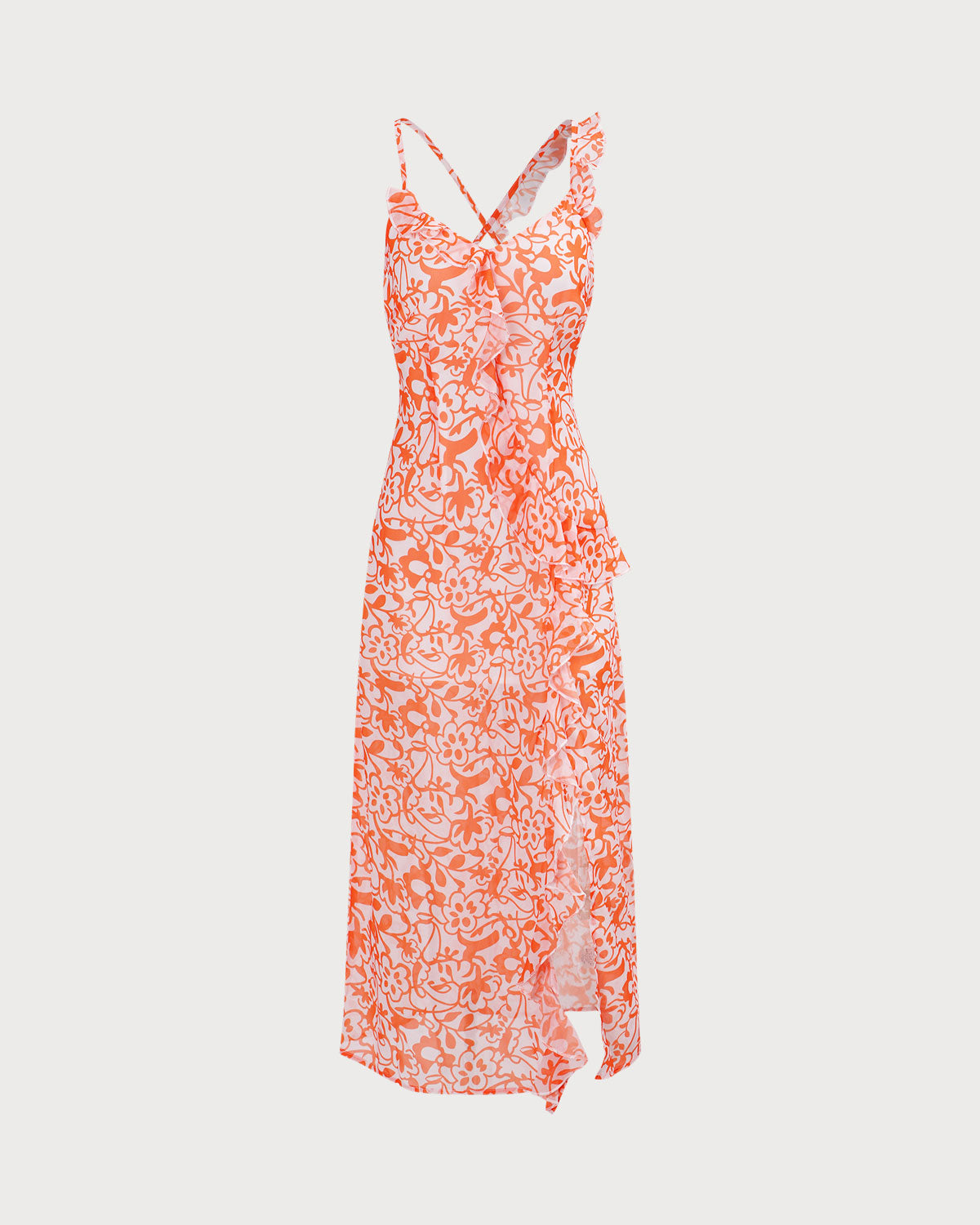 The Orange V Neck Floral Ruffle Maxi Dress Free Shipping Online