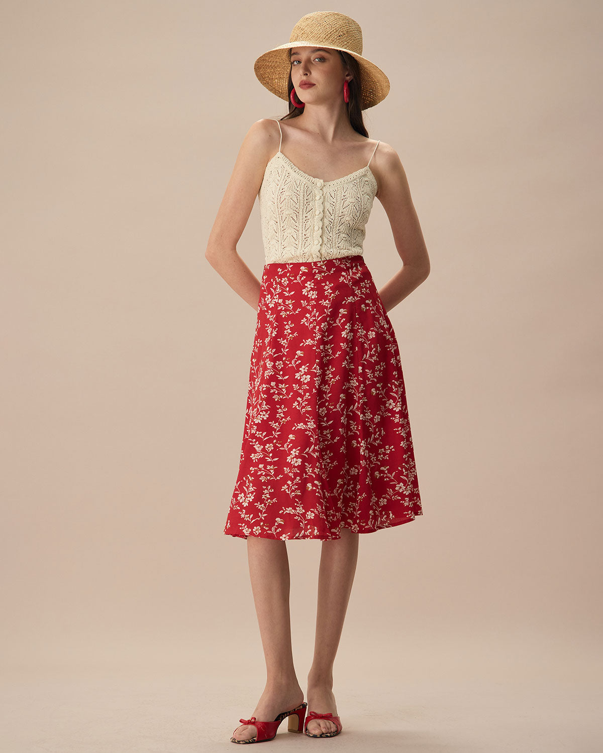 The Red High-Waisted Floral Midi Skirt Good Selling Cheap Pice