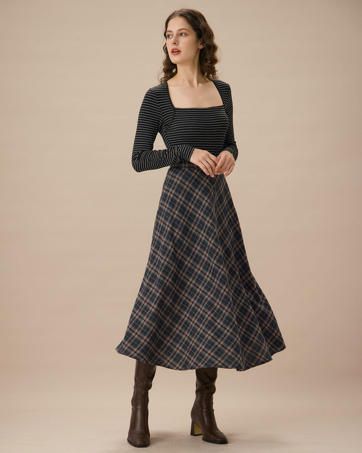 Navy Plaid Flared Midi Skirt Discount Best Pices