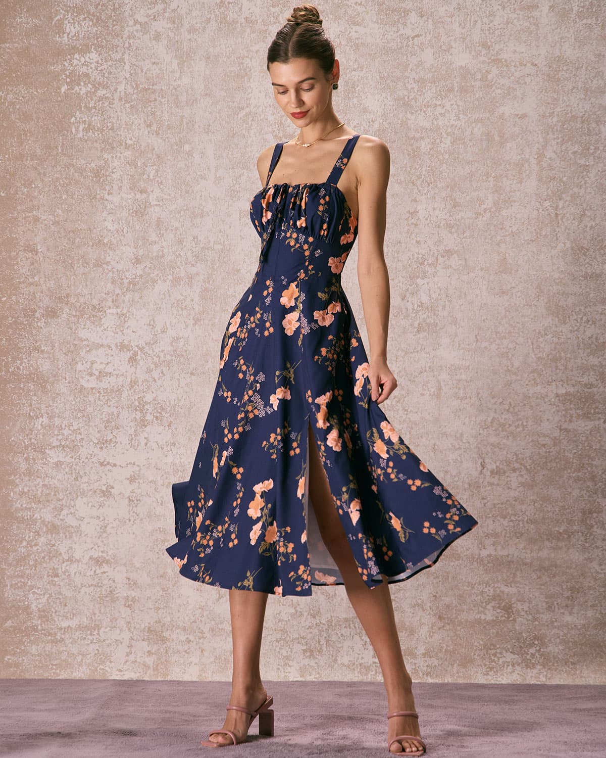 The Navy Lace Up Floral Ruched Midi Dress Discount High Quality