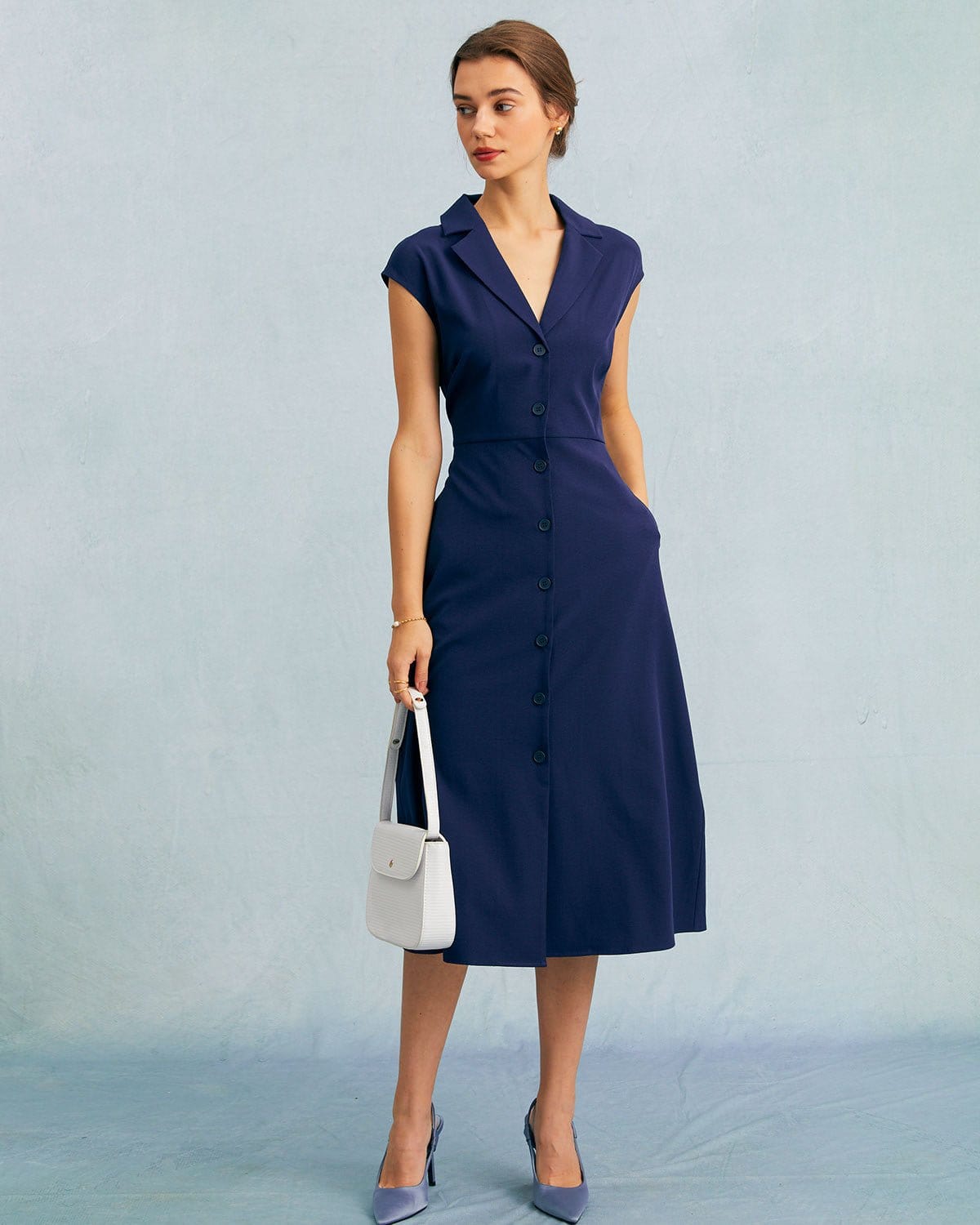 The Navy V Neck Button Cap Sleeve Midi Dress Cheap Fake