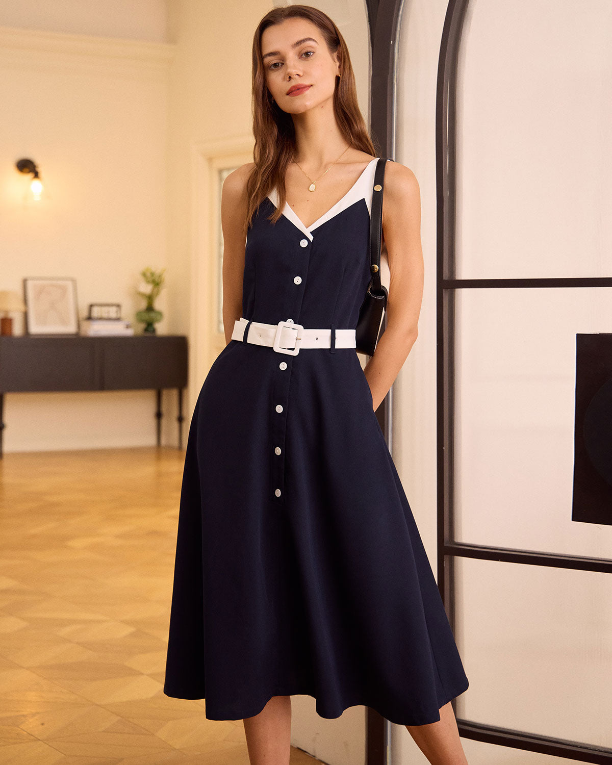 The Navy V Neck Colorblock Belted Midi Dress Free Shipping Original