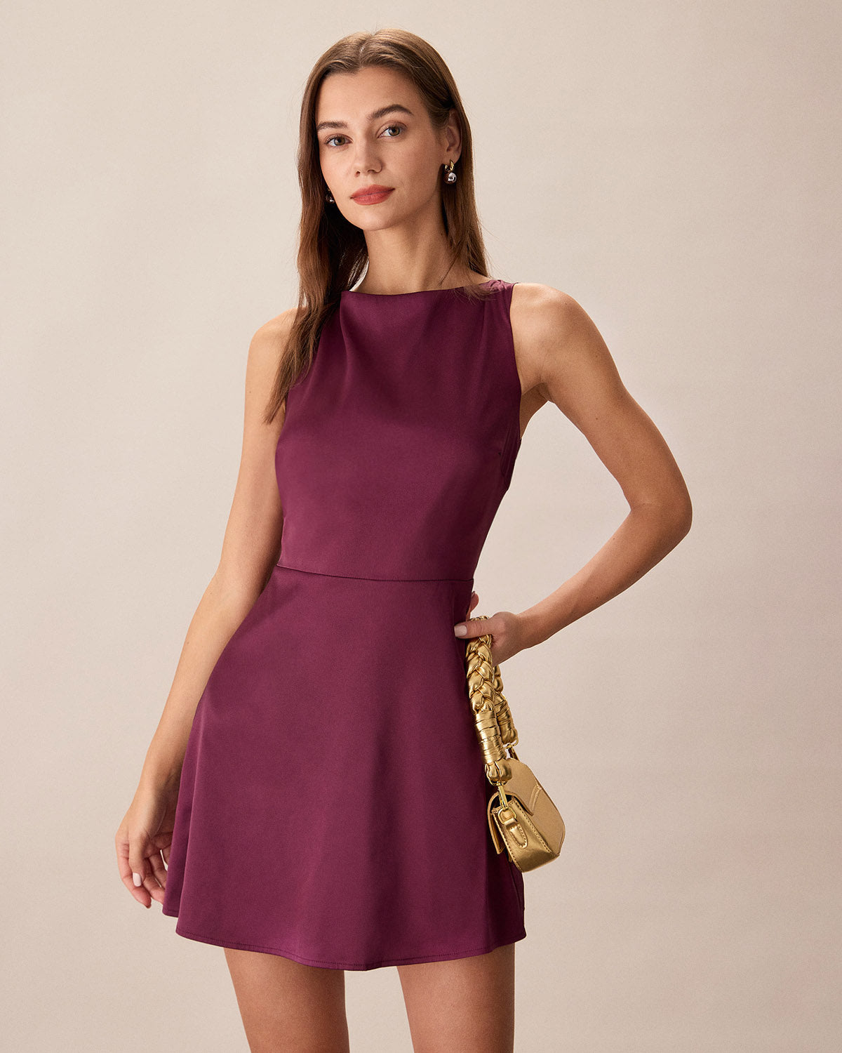 Purple Boat Neck Sleeveless Mini Dress Cheap Low Shipping Fee