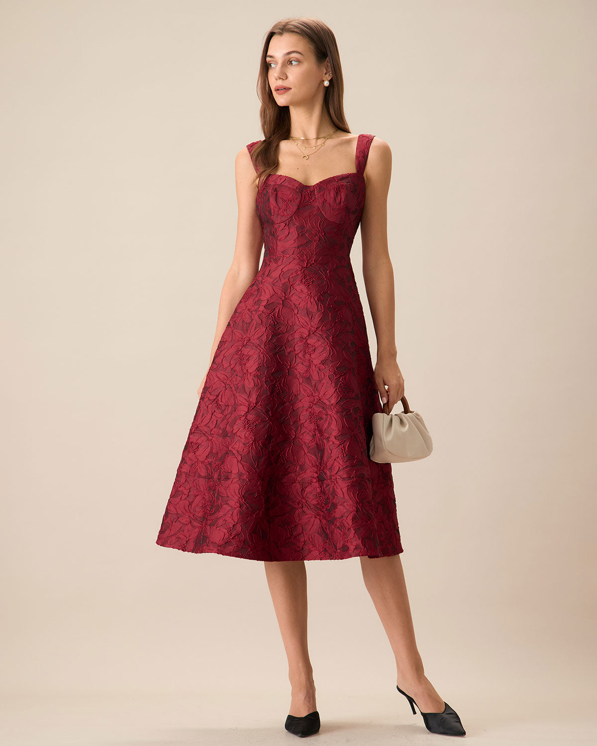 The Red Sweetheart Neck Jacquard Midi Dress Discount Best Pices