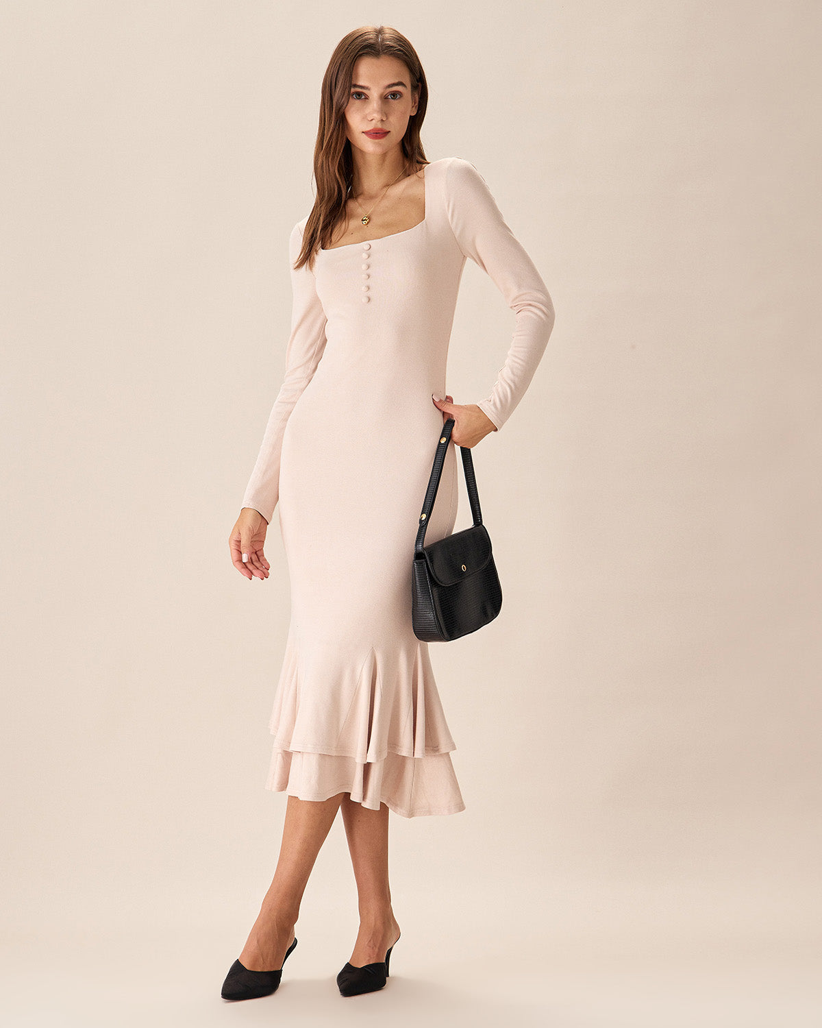 Apricot Square Neck Mermaid Midi Dress Recommend Cheap Online