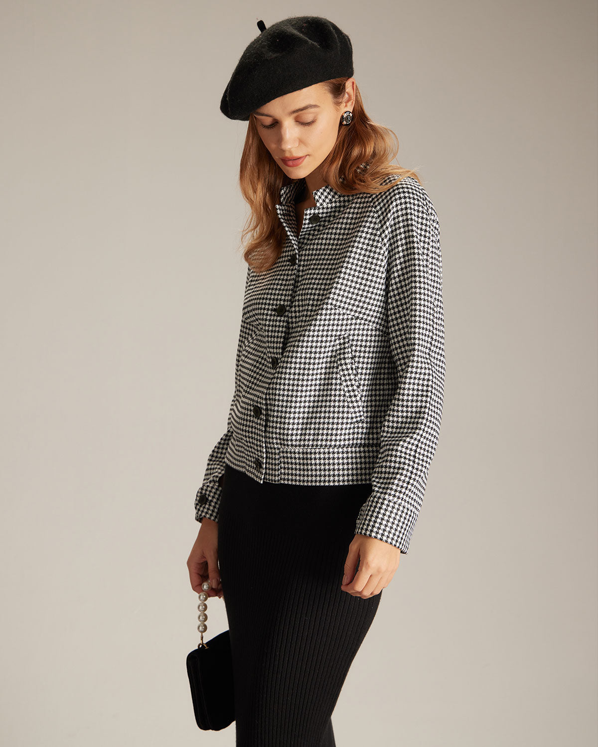 The Black Mock Neck Houndstooth Jacket In China Cheap Online