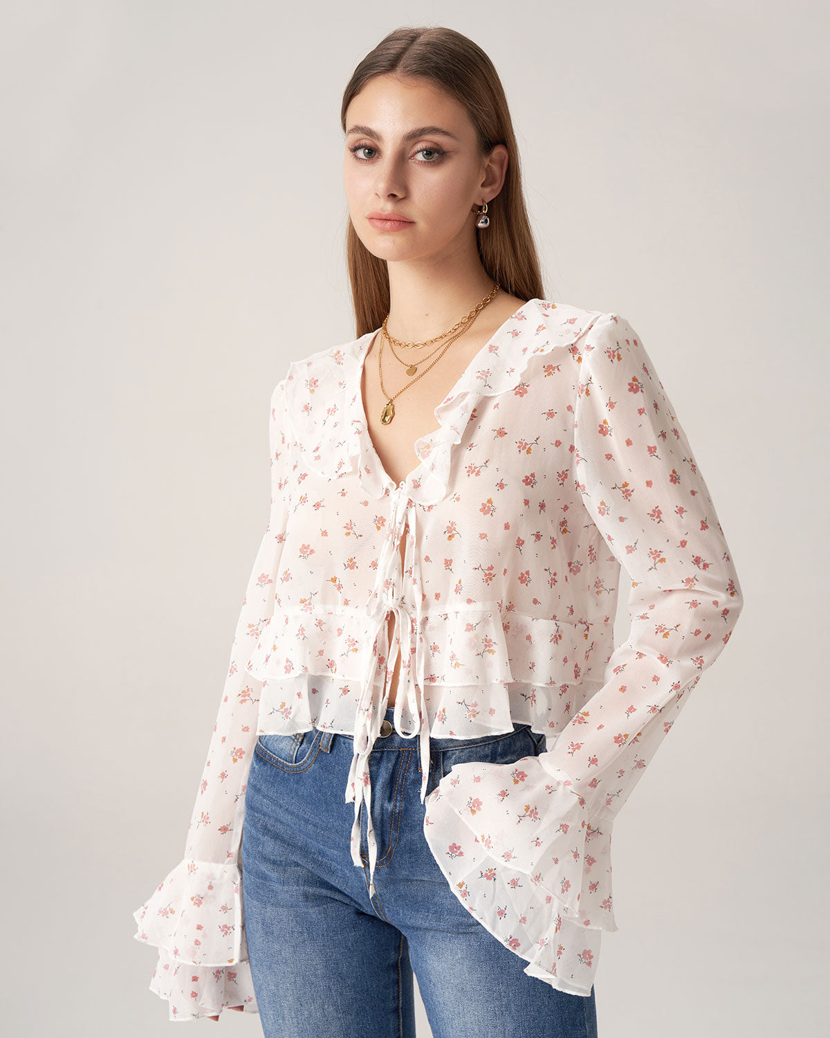 Bettydress Floral See-through Ruffle Blouse Outlet Fashion Style