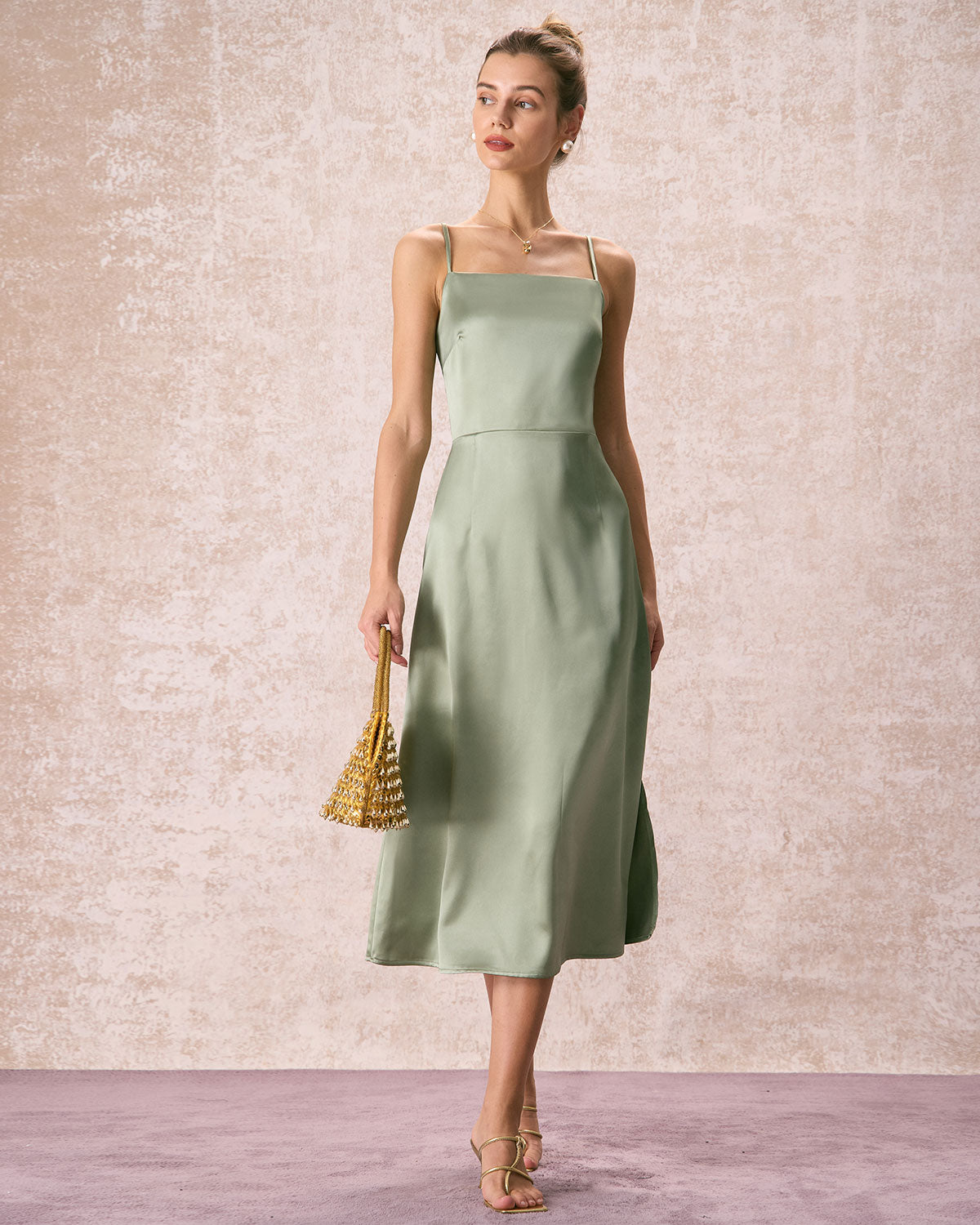 The Green Square Neck Satin Slip Midi Dress For Nice Cheap Online